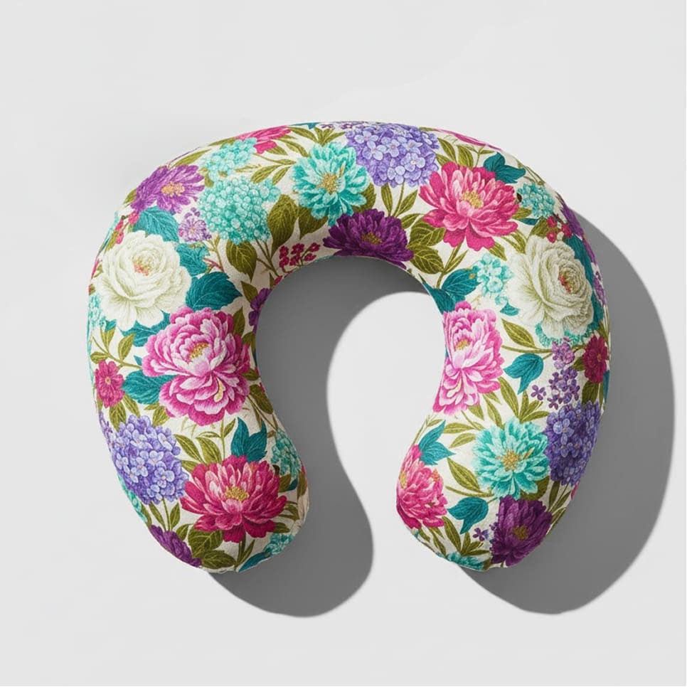 Printed fabric neck pillow with reinforced seams and ergonomic U-shaped design