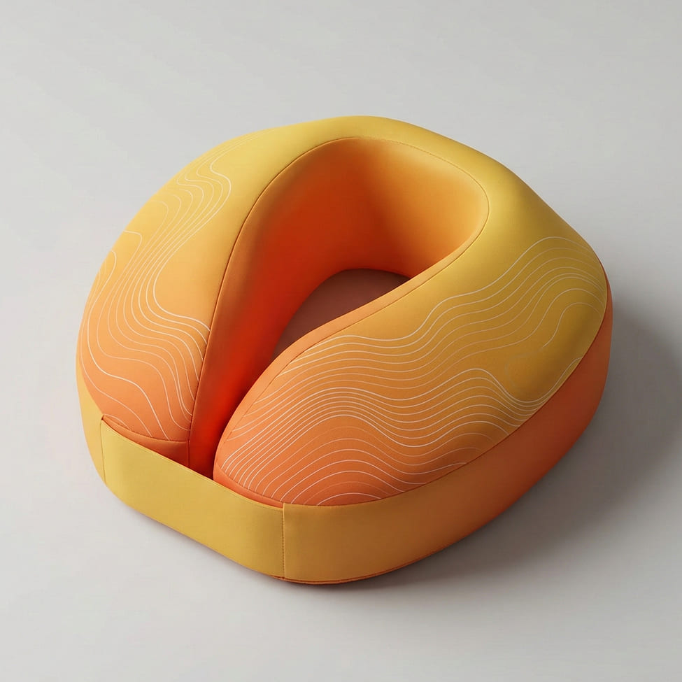 Orange memory foam neck pillow with gradient fabric cover and ergonomic contour shaping