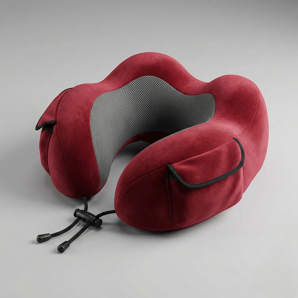 Ergonomic neck pillow with contoured side supports and adjustable front cord lock