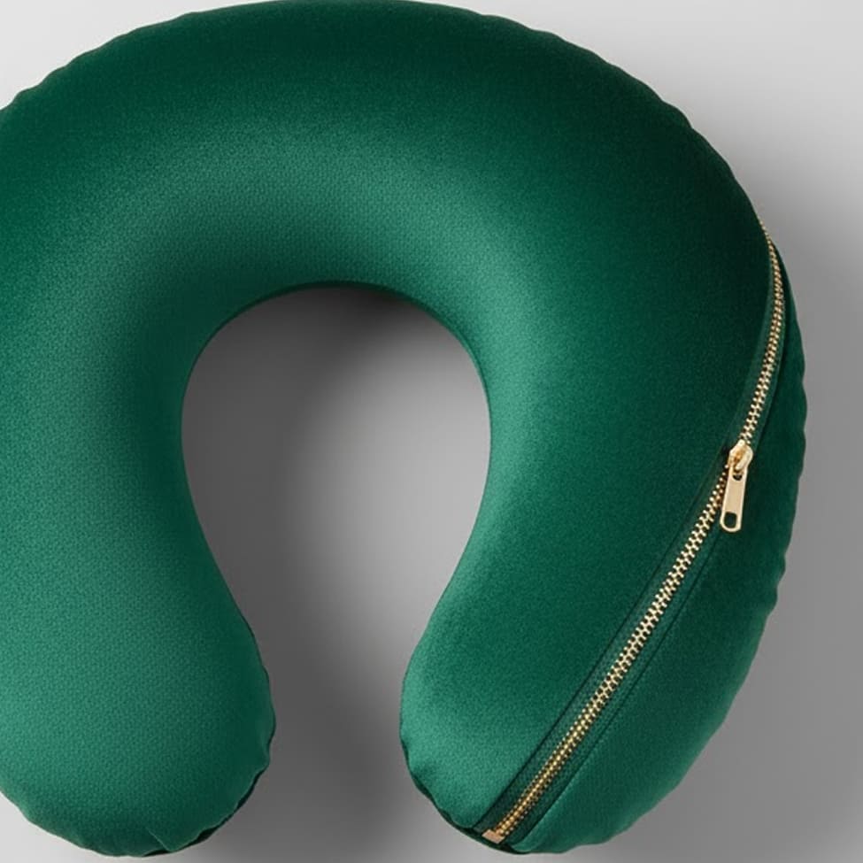 Green travel neck pillow with smooth fabric cover and integrated zipper closure